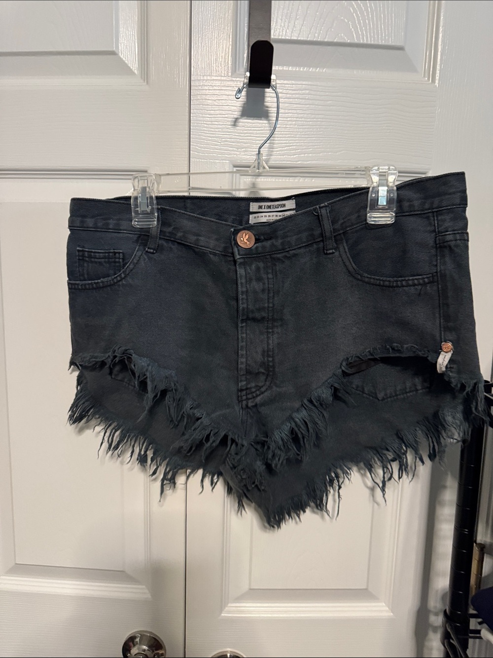 High-Rise Black Frayed V-Hem Denim Shorts